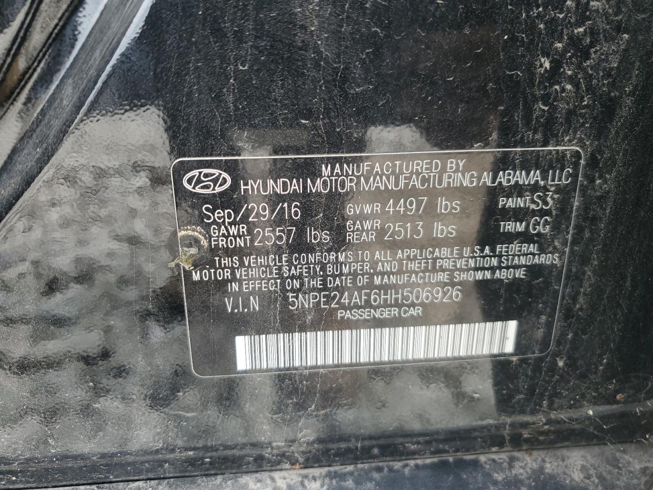 2017 Hyundai Sonata Se VIN: 5NPE24AF6HH506926 Lot: 69767395