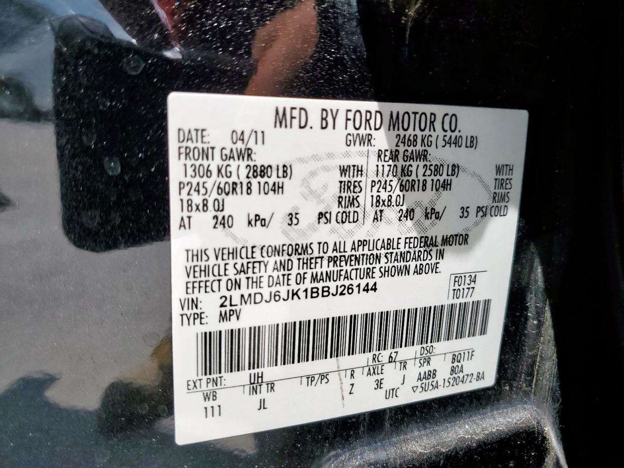 2011 Lincoln Mkx VIN: 2LMDJ6JK1BBJ26144 Lot: 66074965