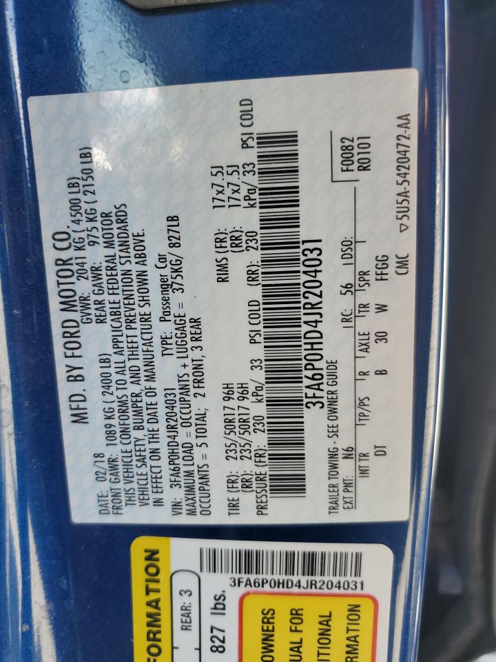 2018 Ford Fusion Se VIN: 3FA6P0HD4JR204031 Lot: 69305895