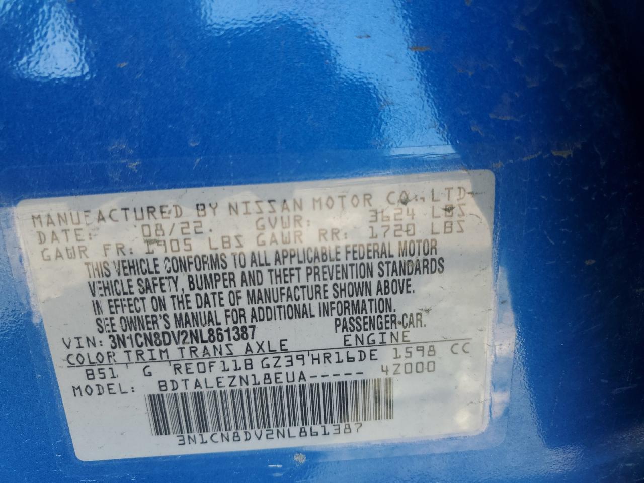 2022 Nissan Versa S VIN: 3N1CN8DV2NL861387 Lot: 67140765