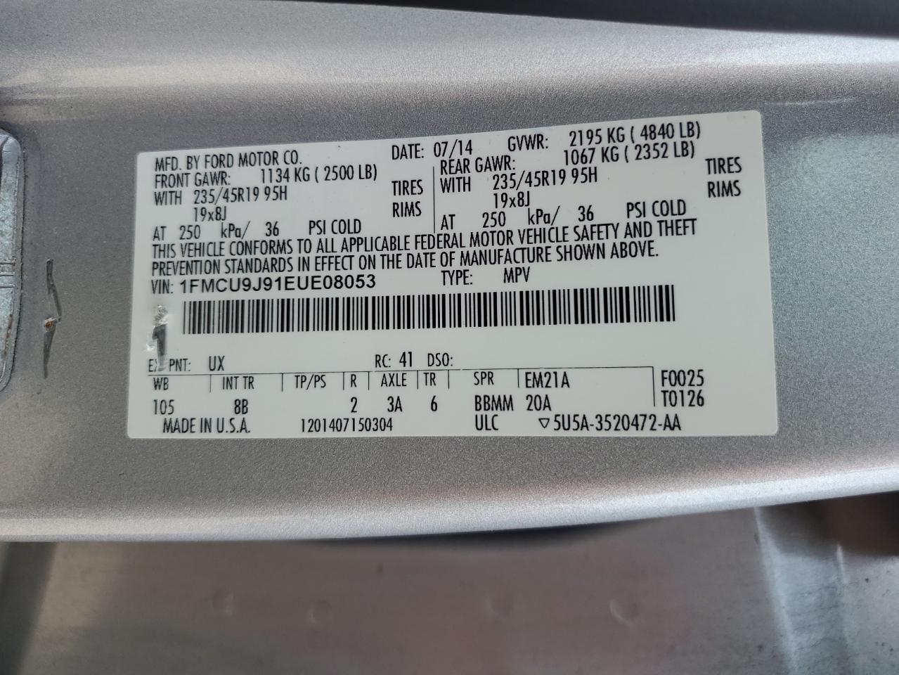 2014 Ford Escape Titanium VIN: 1FMCU9J91EUE08053 Lot: 69283525