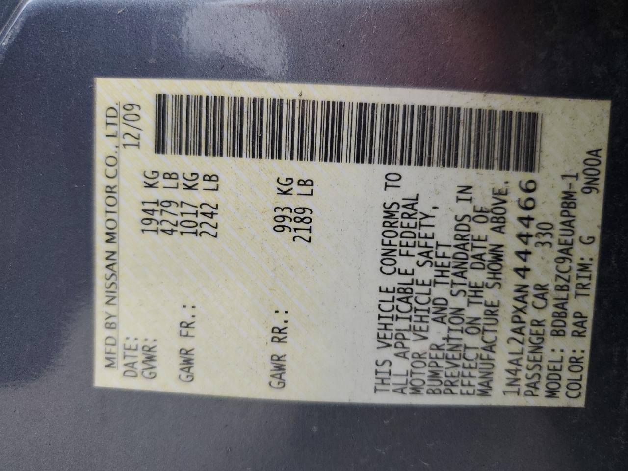 2010 Nissan Altima Base VIN: 1N4AL2APXAN444466 Lot: 70982705