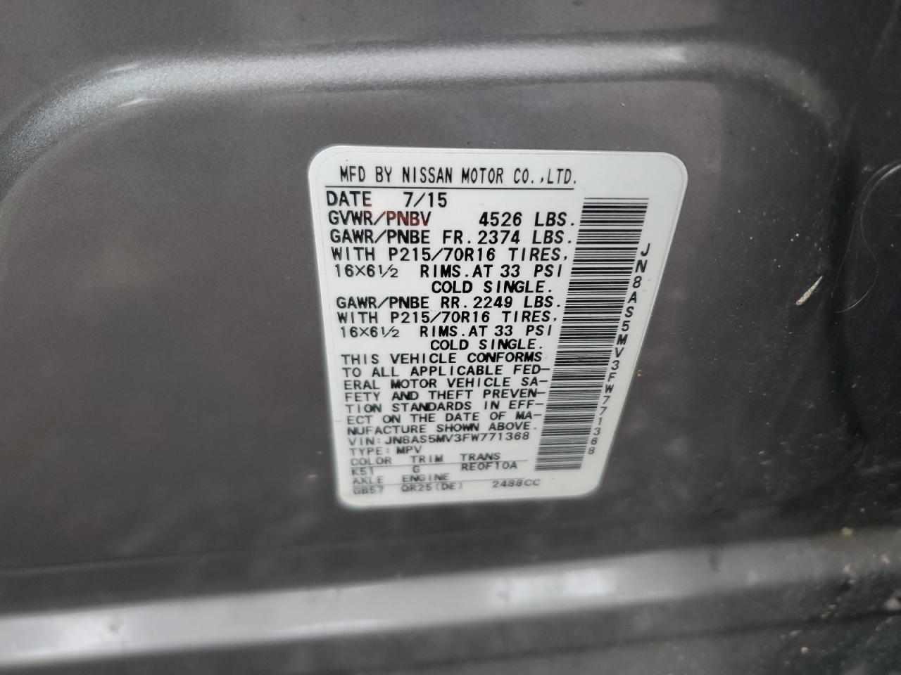 2015 Nissan Rogue Select S VIN: JN8AS5MV3FW771368 Lot: 69347865