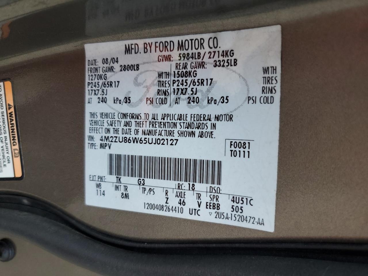 2005 Mercury Mountaineer VIN: 4M2ZU86W65UJ02127 Lot: 67734545