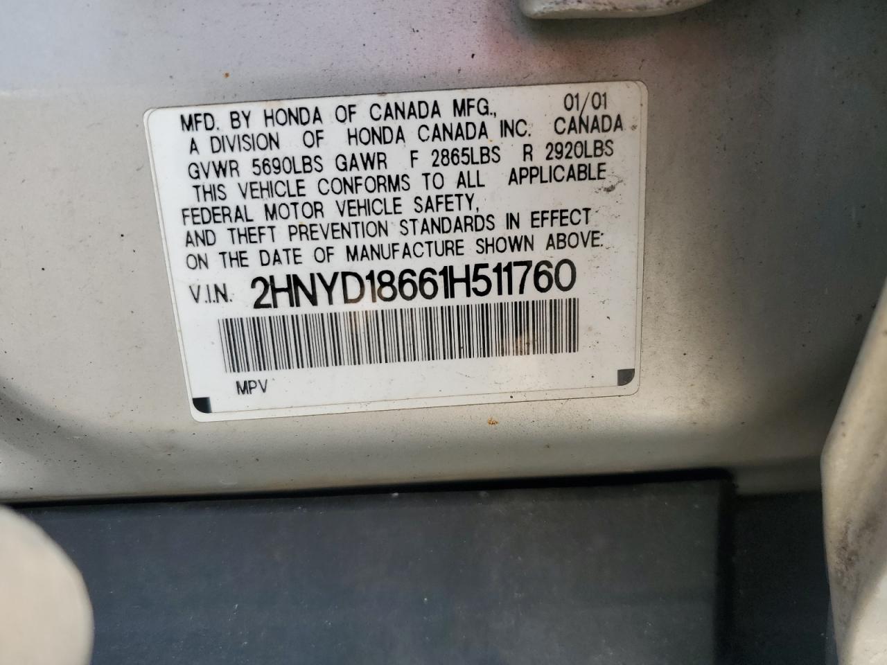 2001 Acura Mdx Touring VIN: 2HNYD18661H511760 Lot: 68574555