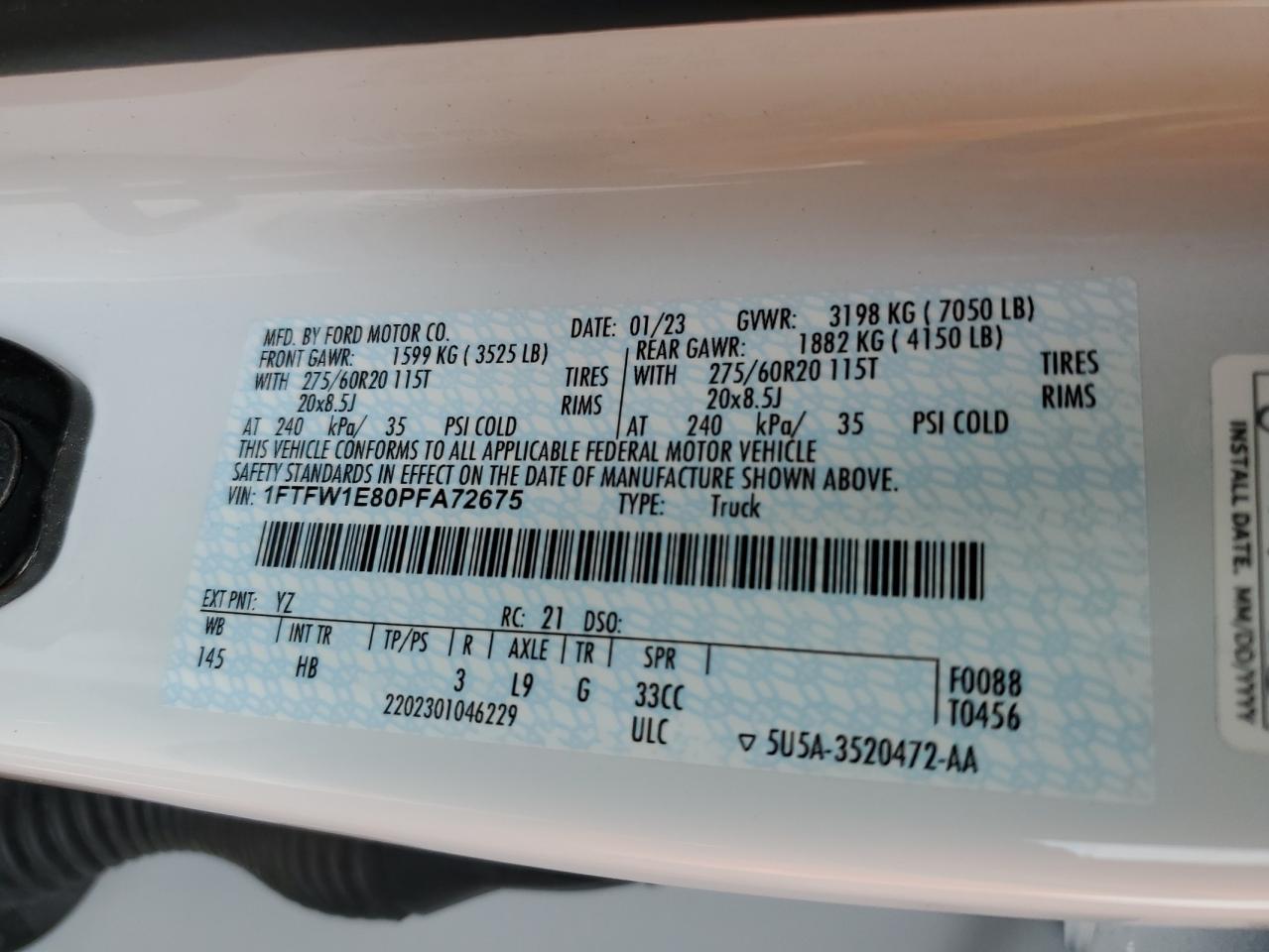 2023 Ford F150 Supercrew VIN: 1FTFW1E80PFA72675 Lot: 67351365