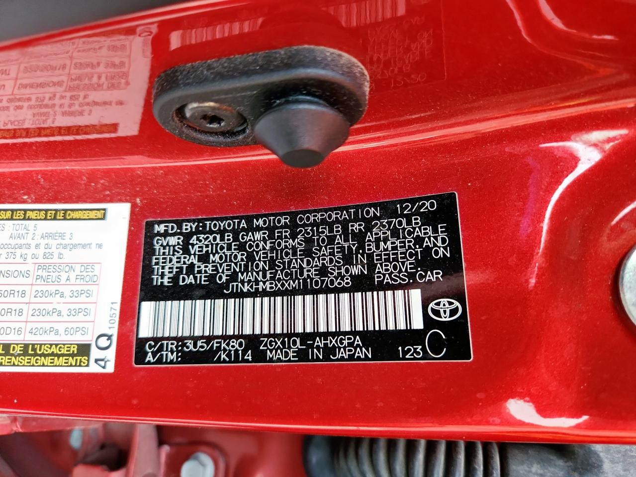 2021 Toyota C-Hr Xle VIN: JTNKHMBXXM1107068 Lot: 70737405