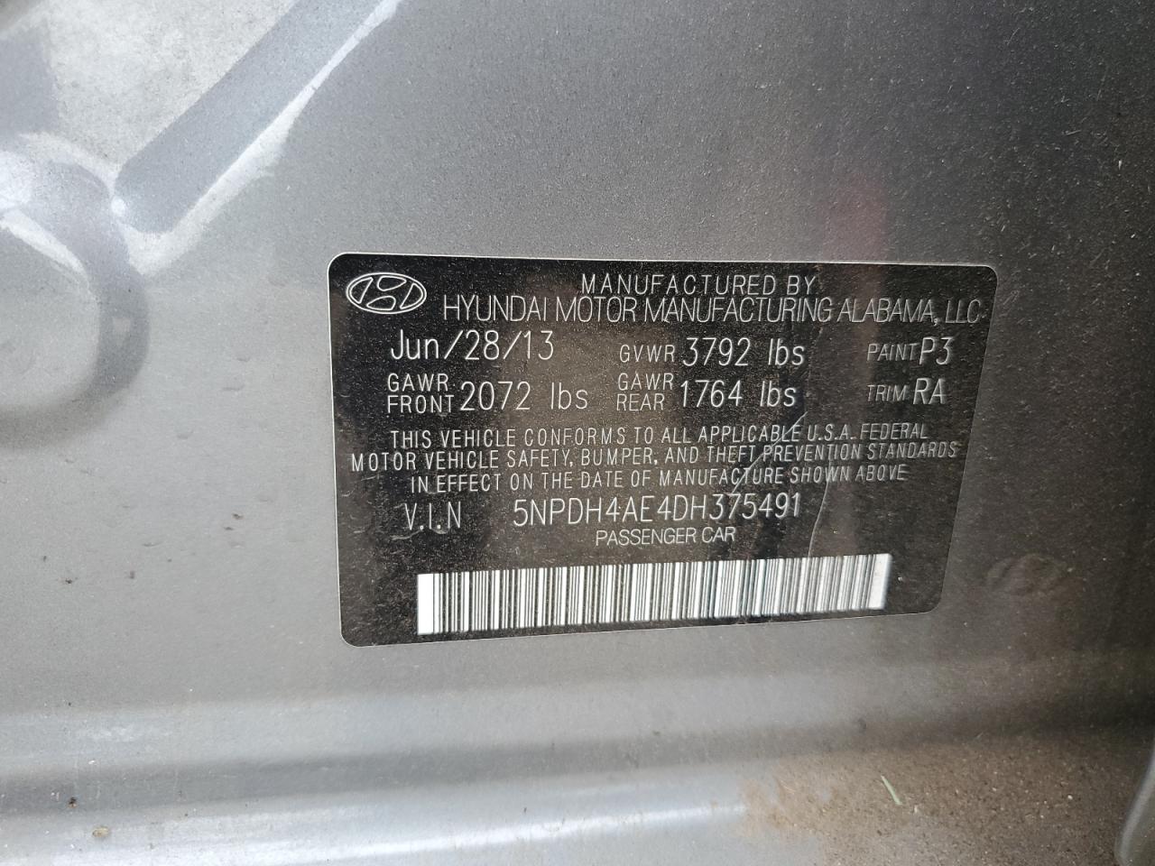 2013 Hyundai Elantra Gls VIN: 5NPDH4AE4DH375491 Lot: 70743015
