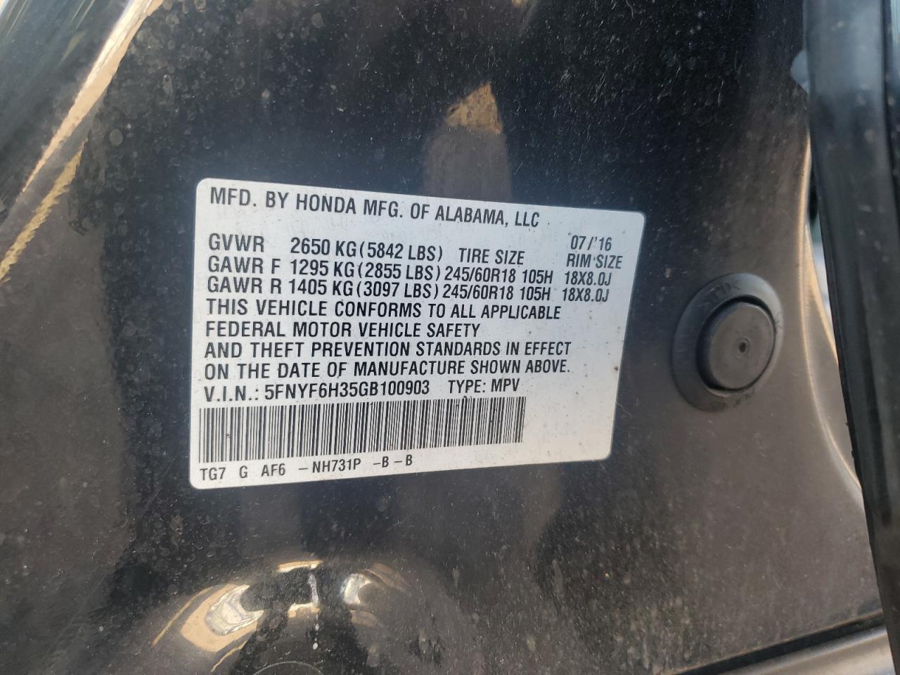 2016 Honda Pilot Ex VIN: 5FNYF6H35GB100903 Lot: 67077545