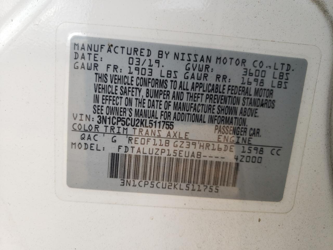 2019 Nissan Kicks S VIN: 3N1CP5CU2KL511755 Lot: 69609695