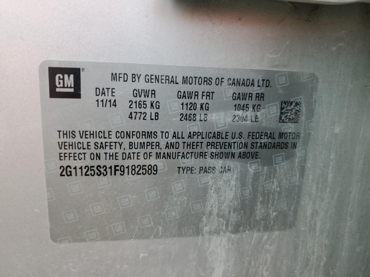 2015 Chevrolet Impala Lt VIN: 2G1125S31F9182589 Lot: 70664785