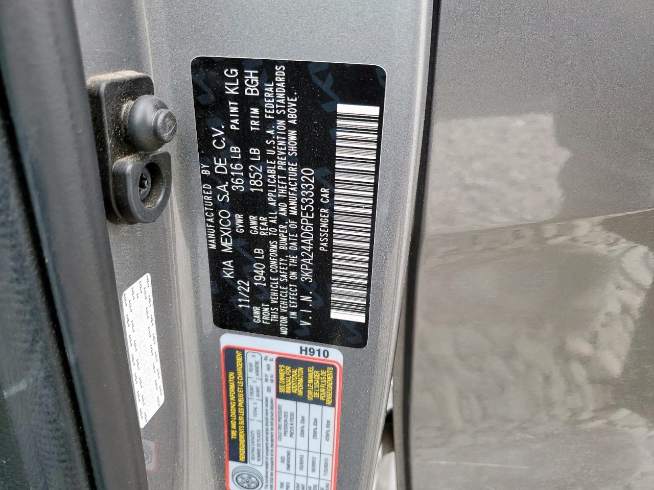 2023 Kia Rio Lx VIN: 3KPA24AD6PE533320 Lot: 70336565