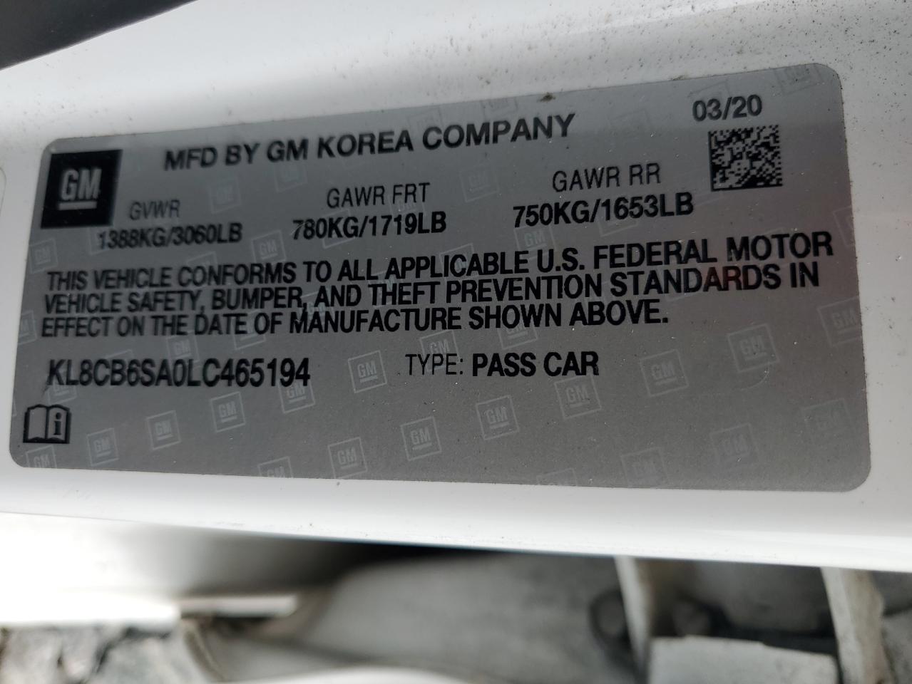 2020 Chevrolet Spark Ls VIN: KL8CB6SA0LC465194 Lot: 69958185