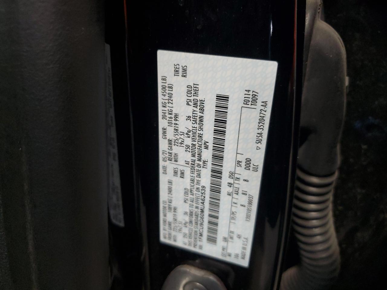 2021 Ford Escape Se VIN: 1FMCU9G60MUA62539 Lot: 70410985