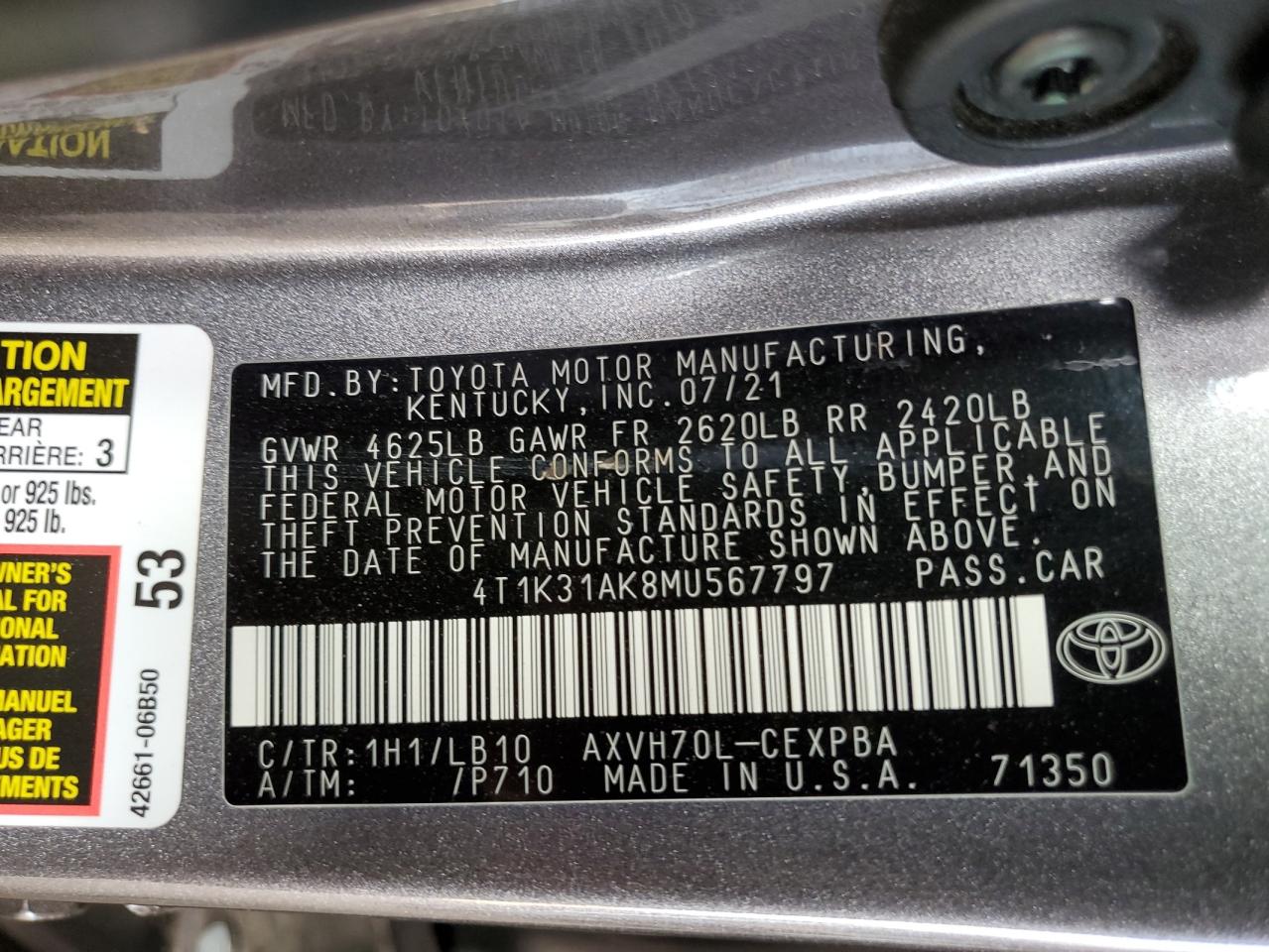 2021 Toyota Camry Xse VIN: 4T1K31AK8MU567797 Lot: 70239205