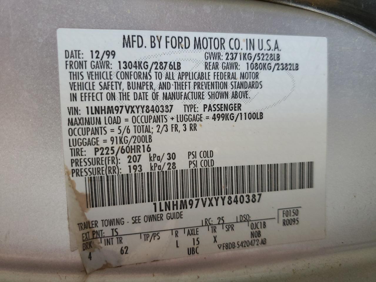 2000 Lincoln Continental VIN: 1LNHM97VXYY840387 Lot: 69805755