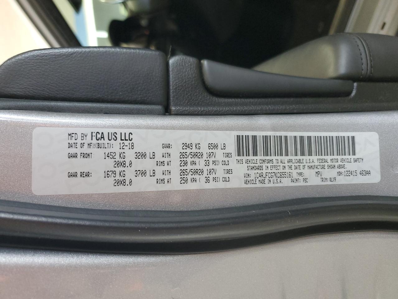 2019 Jeep Grand Cherokee Overland VIN: 1C4RJFCG7KC655161 Lot: 70890255