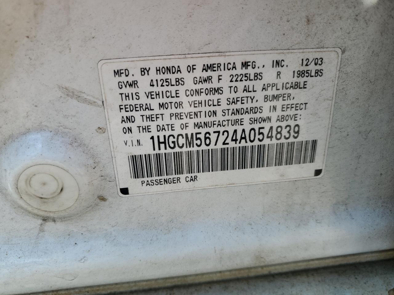 2004 Honda Accord Ex VIN: 1HGCM56724A054839 Lot: 67208605