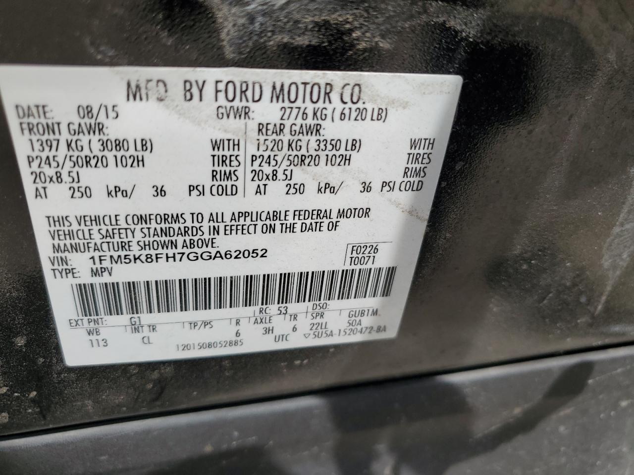 2016 Ford Explorer Limited VIN: 1FM5K8FH7GGA62052 Lot: 70634355