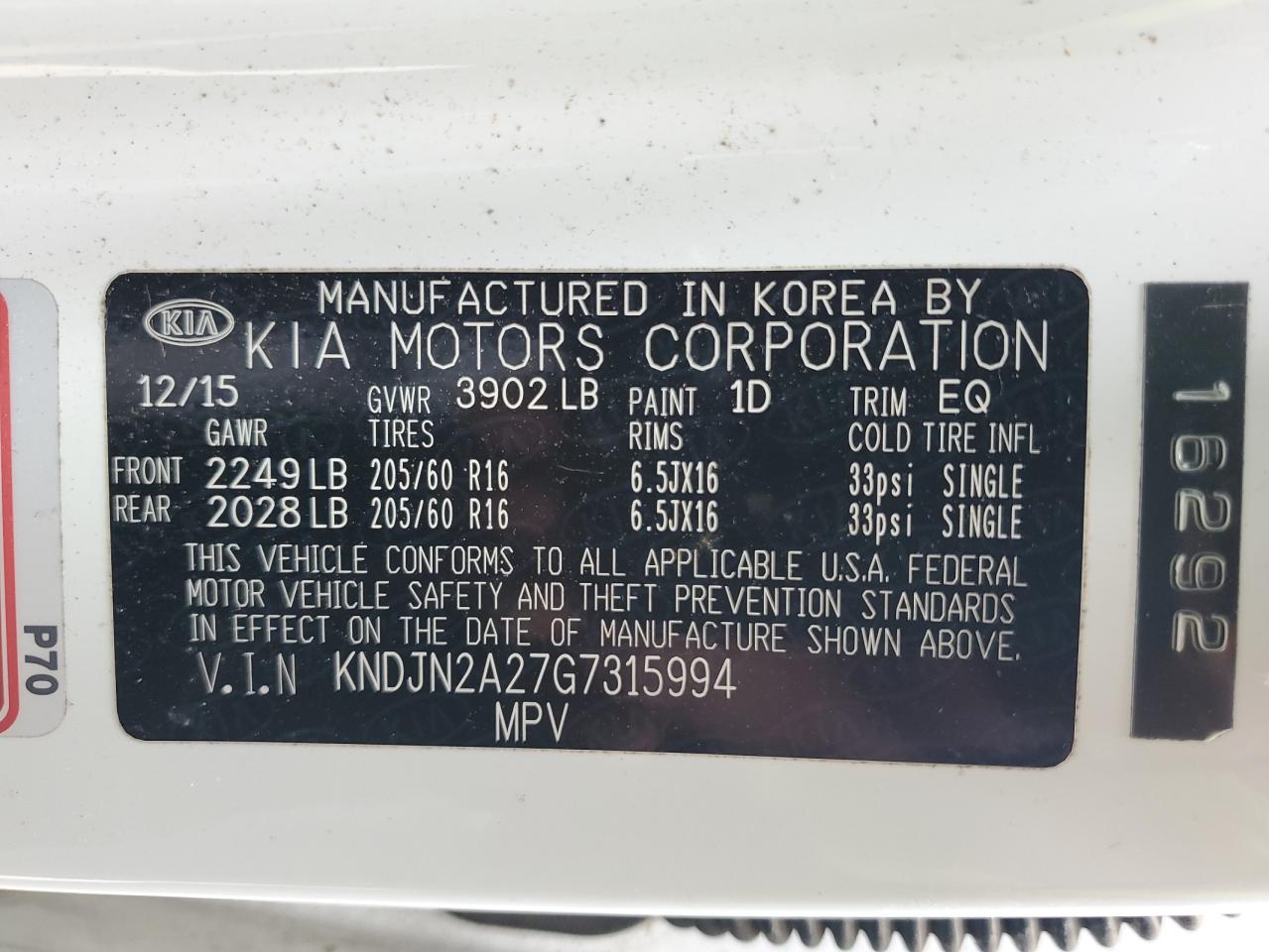 2016 Kia Soul VIN: KNDJN2A27G7315994 Lot: 70303615