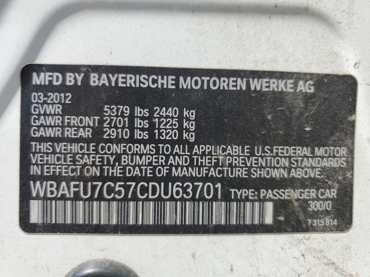 2012 BMW 535 Xi VIN: WBAFU7C57CDU63701 Lot: 68306495