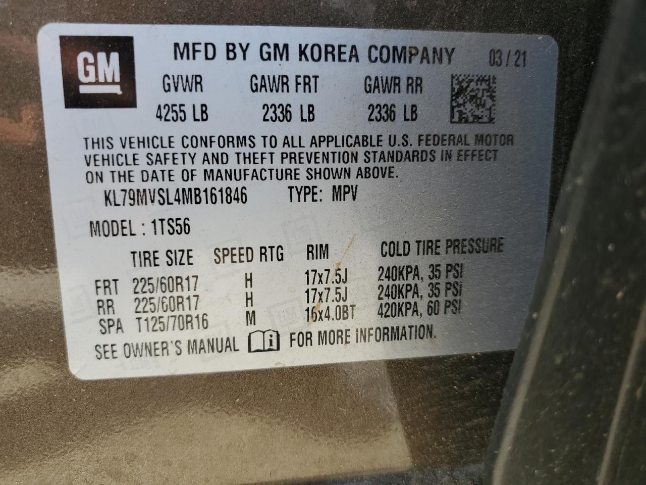 2021 Chevrolet Trailblazer Activ VIN: KL79MVSL4MB161846 Lot: 68552785