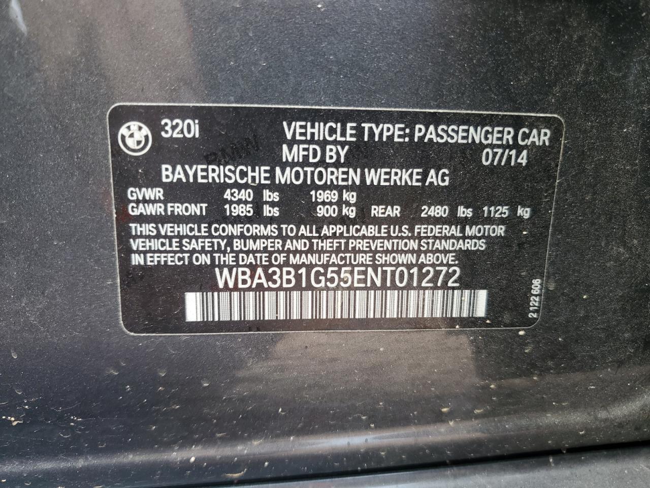 2014 BMW 320 I VIN: WBA3B1G55ENT01272 Lot: 69905145