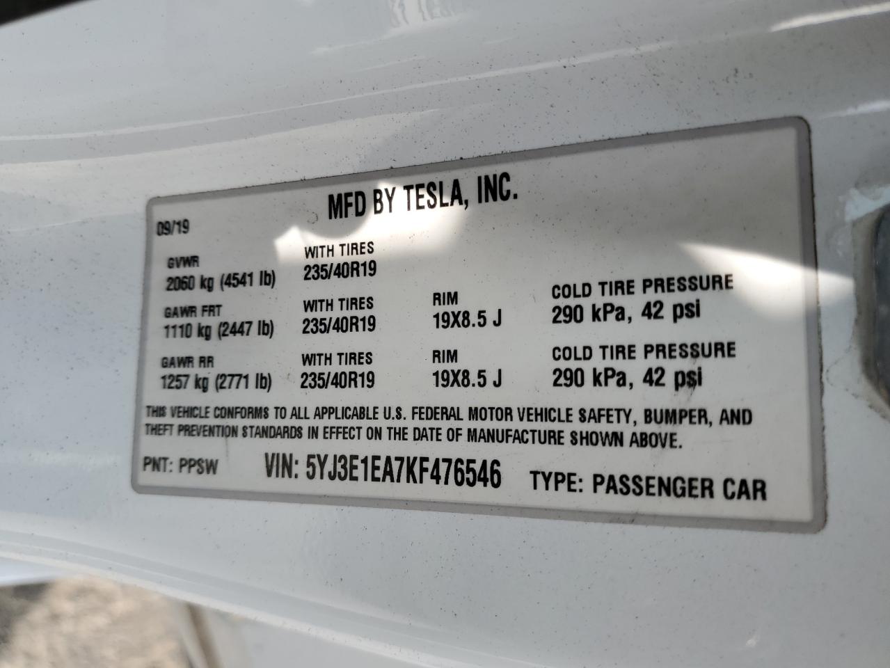 2019 Tesla Model 3 VIN: 5YJ3E1EA7KF476546 Lot: 68526885