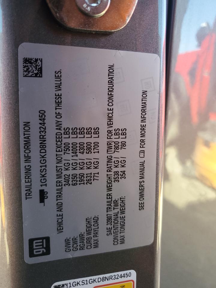 2022 GMC Yukon Xl C1500 Slt VIN: 1GKS1GKD8NR324450 Lot: 68380035
