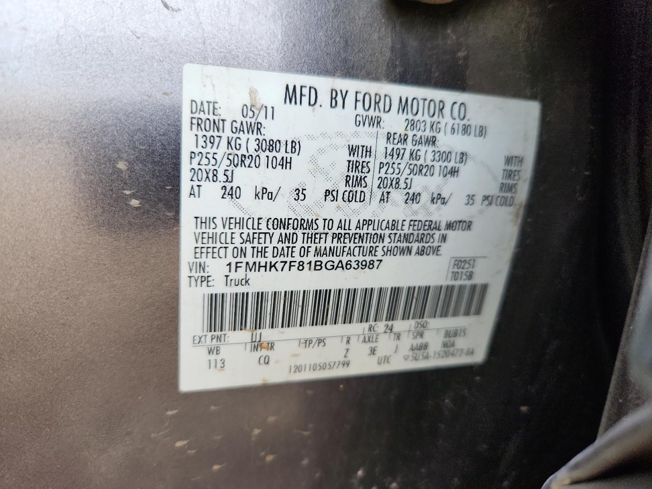 2011 Ford Explorer Limited VIN: 1FMHK7F81BGA63987 Lot: 70340465