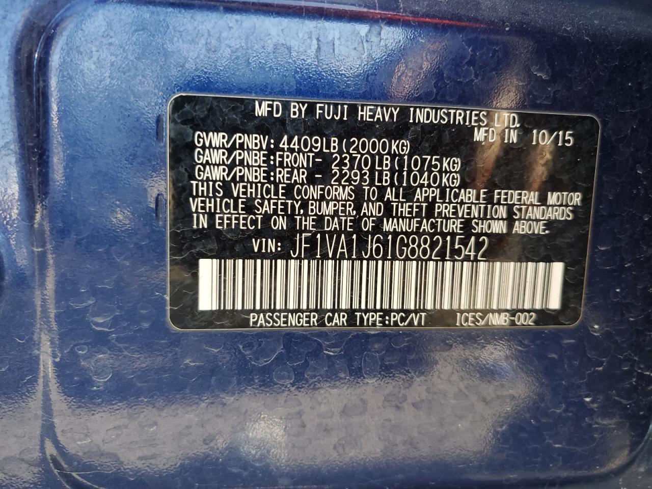 2016 Subaru Wrx Limited VIN: JF1VA1J61G8821542 Lot: 68467385