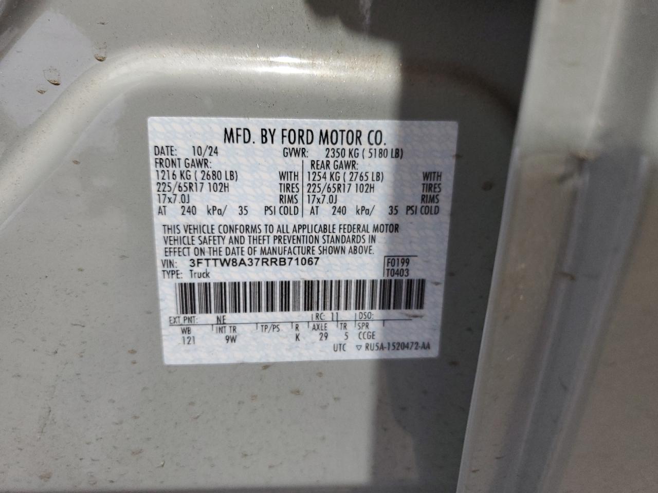 2024 Ford Maverick Xl VIN: 3FTTW8A37RRB71067 Lot: 68427265