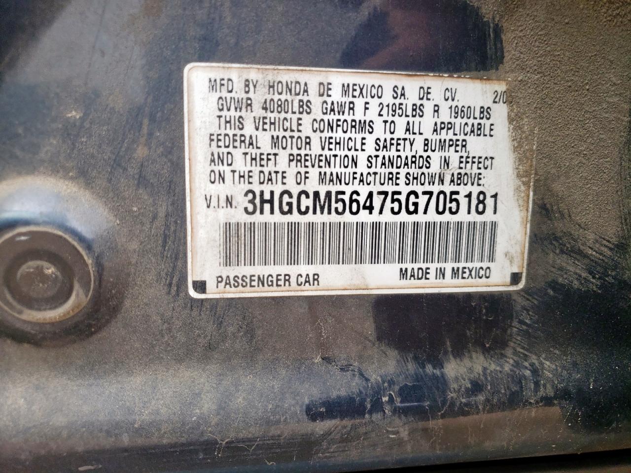 2005 Honda Accord Lx VIN: 3HGCM56475G705181 Lot: 70491655