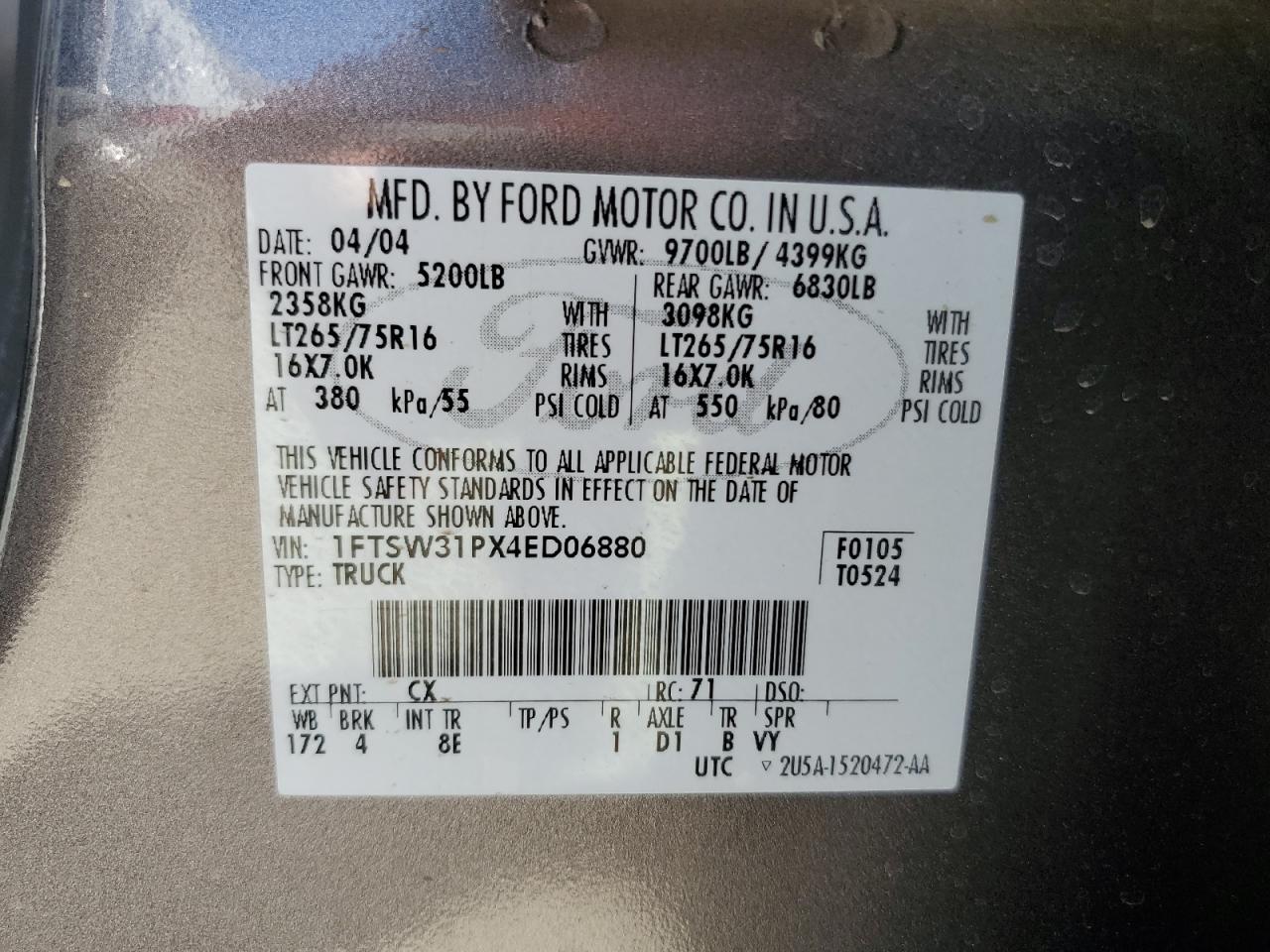 2004 Ford F350 Srw Super Duty VIN: 1FTSW31PX4ED06880 Lot: 70274045