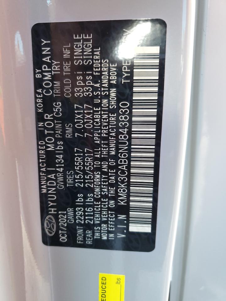 2022 Hyundai Kona Sel VIN: KM8K3CAB6NU843830 Lot: 70254325