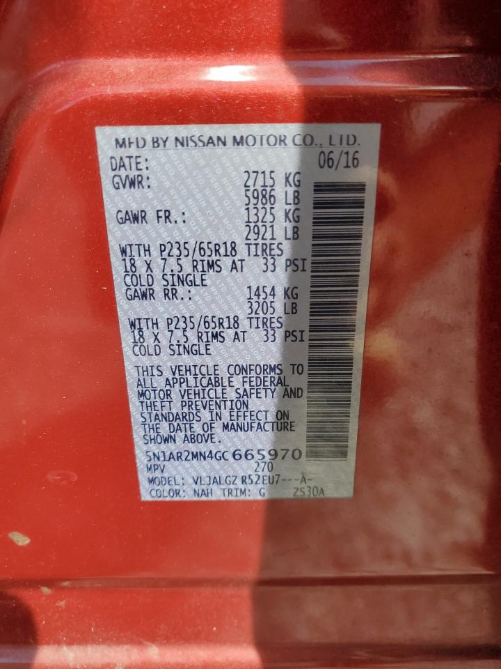 2016 Nissan Pathfinder S VIN: 5N1AR2MN4GC665970 Lot: 70682705