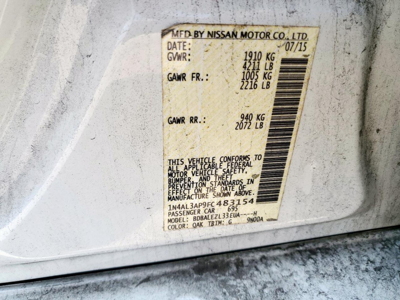 2015 Nissan Altima 2.5 VIN: 1N4AL3AP9FC483154 Lot: 70635215