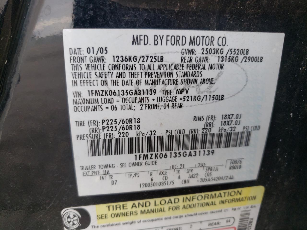 2005 Ford Freestyle Limited VIN: 1FMZK06135GA31139 Lot: 67247705