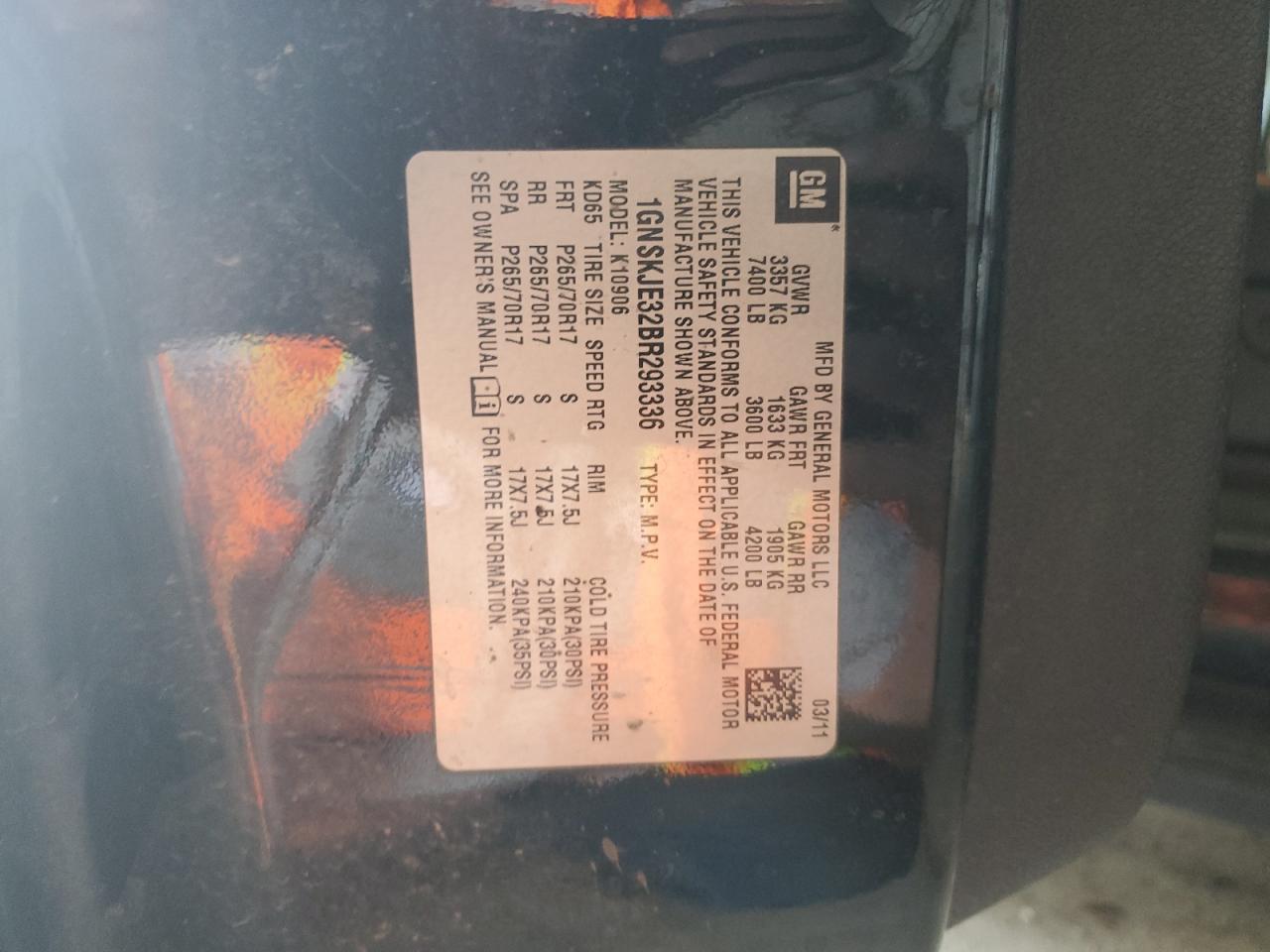 2011 Chevrolet Suburban K1500 Lt VIN: 1GNSKJE32BR293336 Lot: 67741415