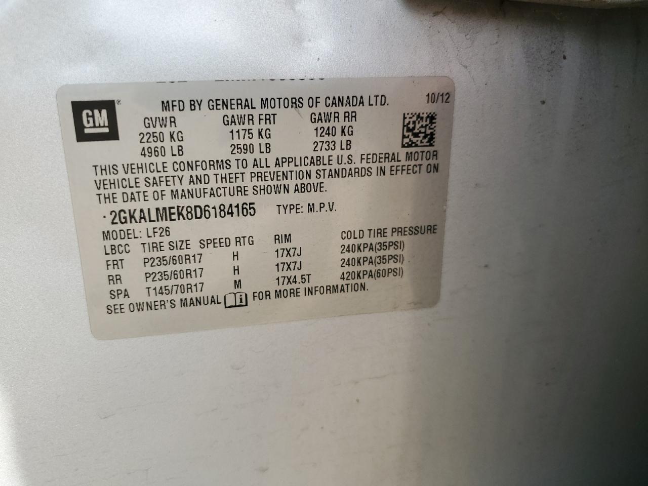 2013 GMC Terrain Sle VIN: 2GKALMEK8D6184165 Lot: 68502745