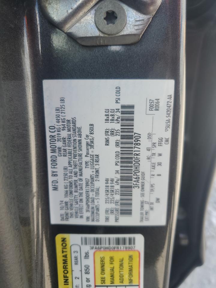 2015 Ford Fusion Se VIN: 3FA6P0HD0FR178907 Lot: 70219225