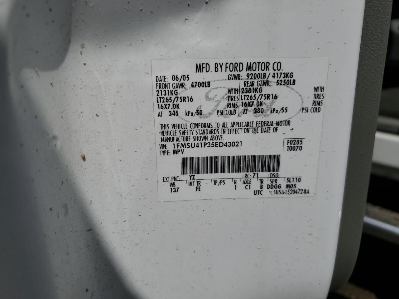 2005 Ford Excursion Xlt VIN: 1FMSU41P35ED43021 Lot: 68029025