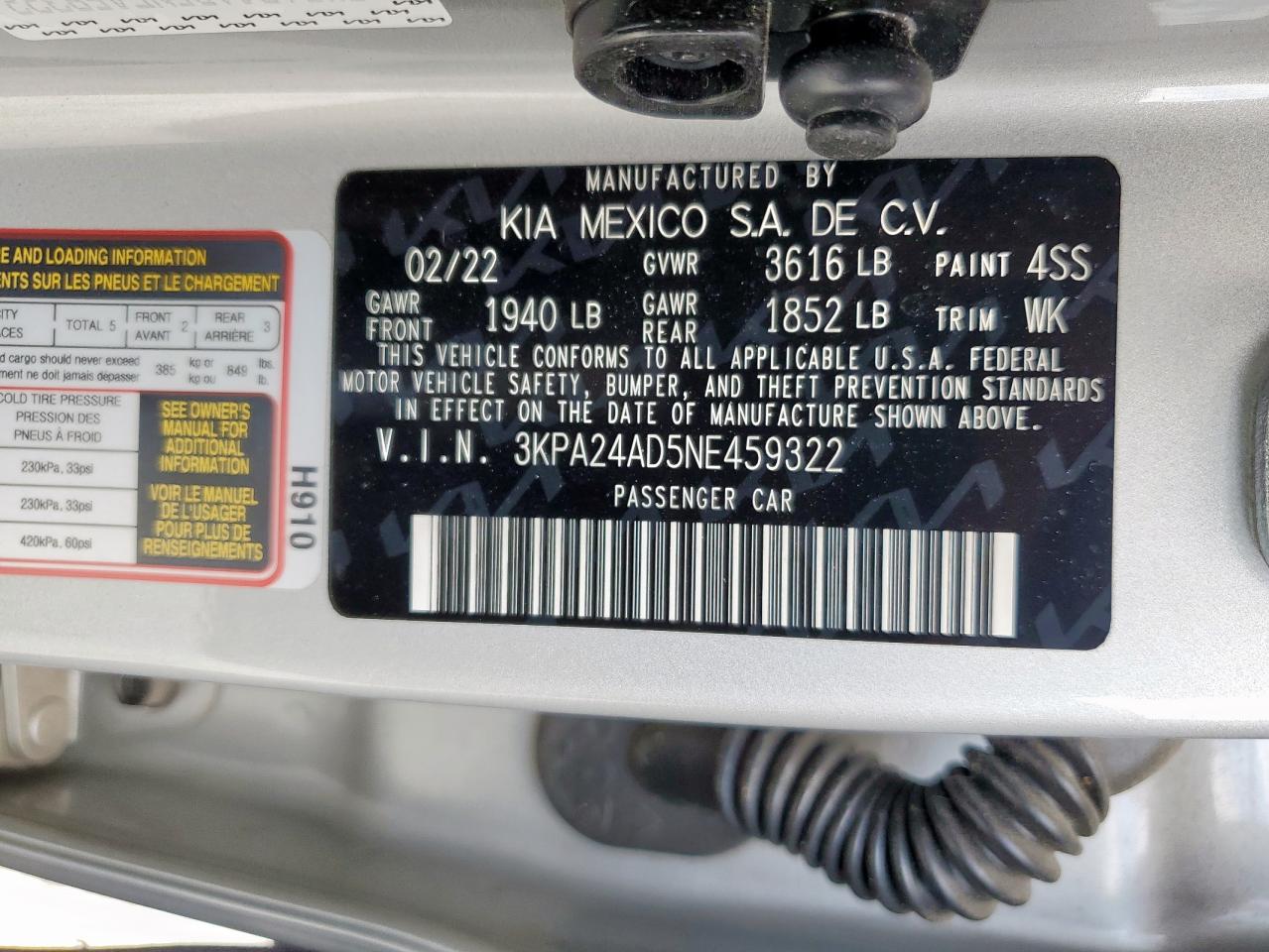 2022 Kia Rio Lx VIN: 3KPA24AD5NE459322 Lot: 68449235