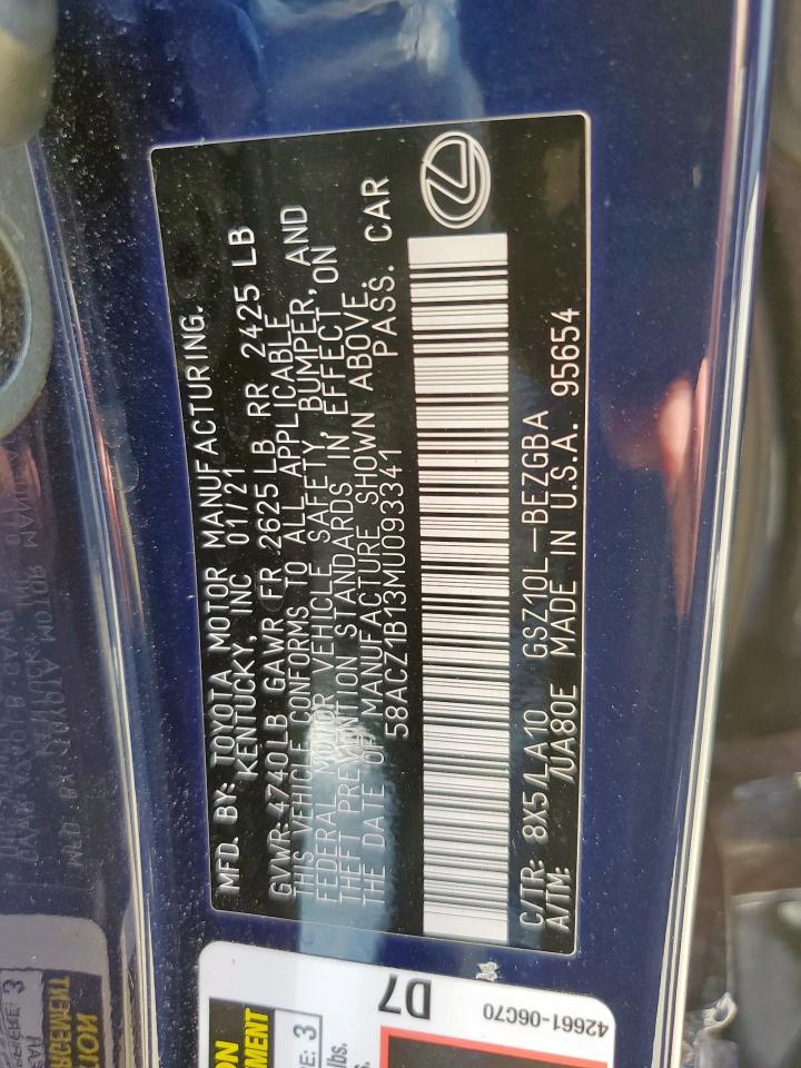 2021 Lexus Es 350 Base VIN: 58ACZ1B13MU093341 Lot: 69814335