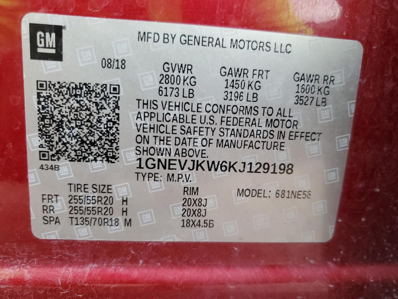 2019 Chevrolet Traverse High Country VIN: 1GNEVJKW6KJ129198 Lot: 70539755