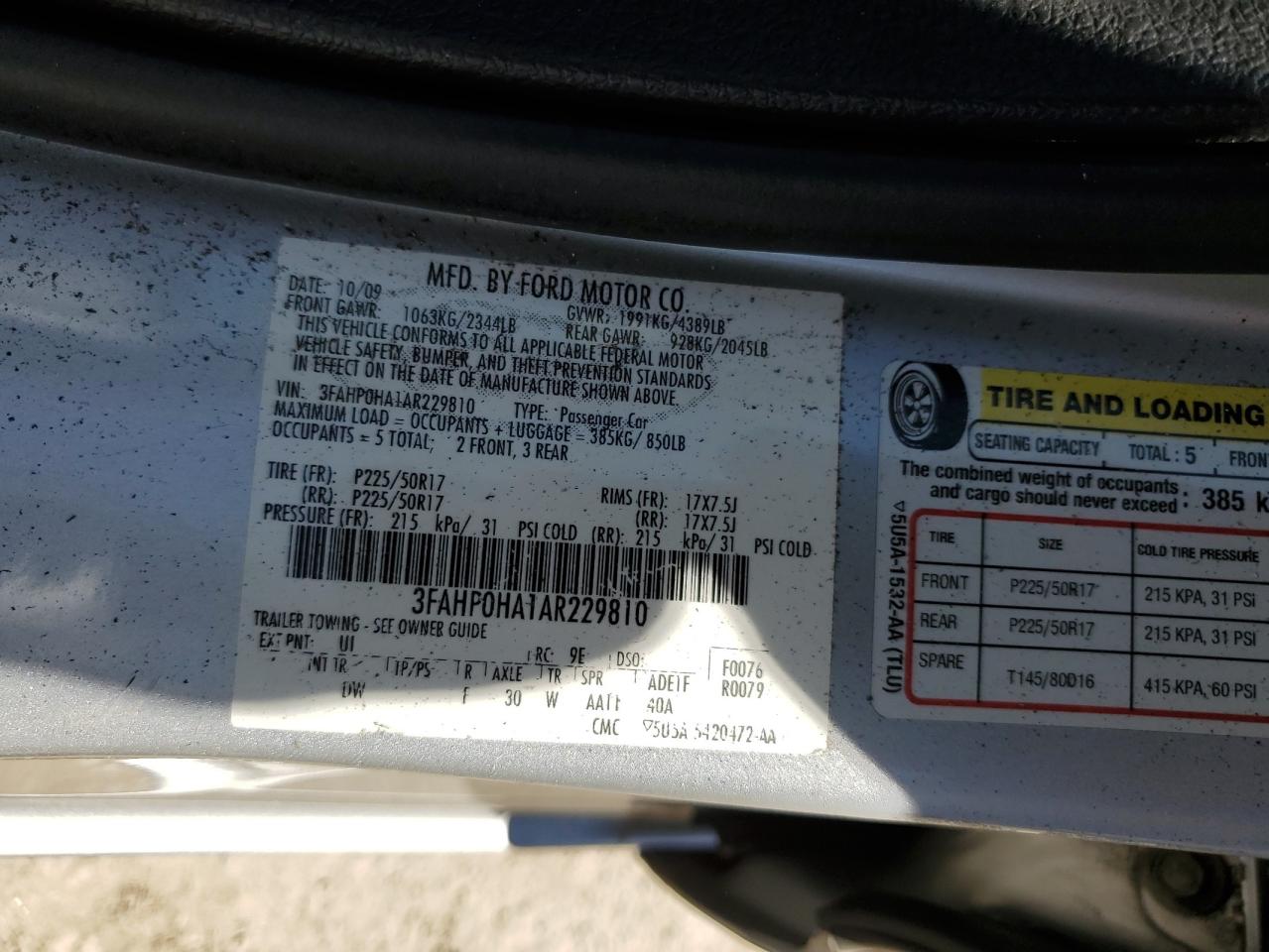 2010 Ford Fusion Se VIN: 3FAHP0HA1AR229810 Lot: 69850895