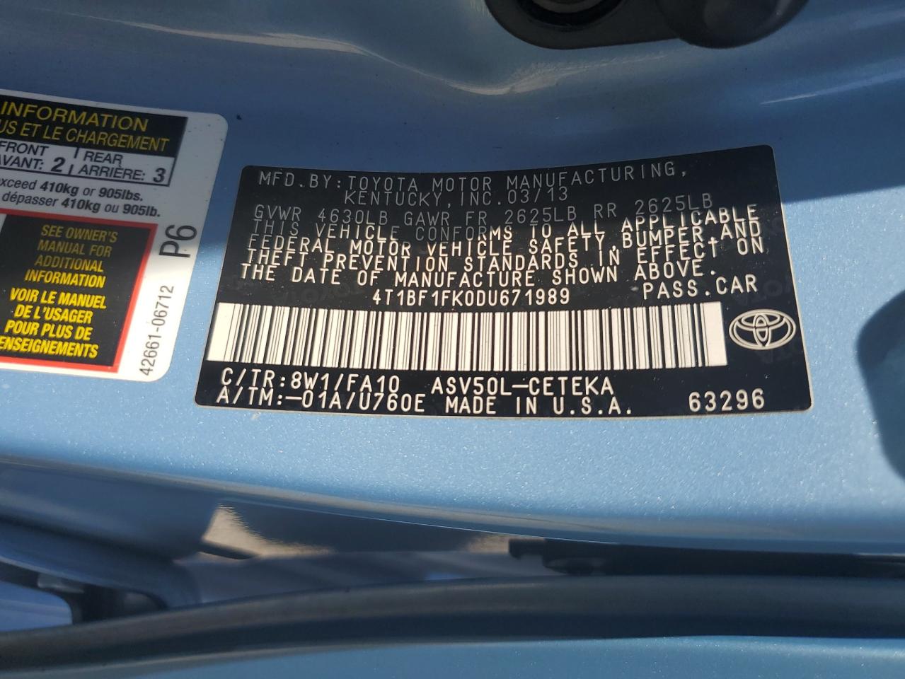 2013 Toyota Camry L VIN: 4T1BF1FK0DU671989 Lot: 68894925