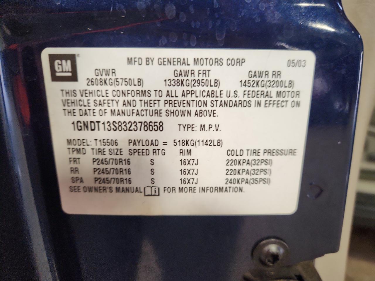 2003 Chevrolet Trailblazer VIN: 1GNDT13S832378658 Lot: 70511455