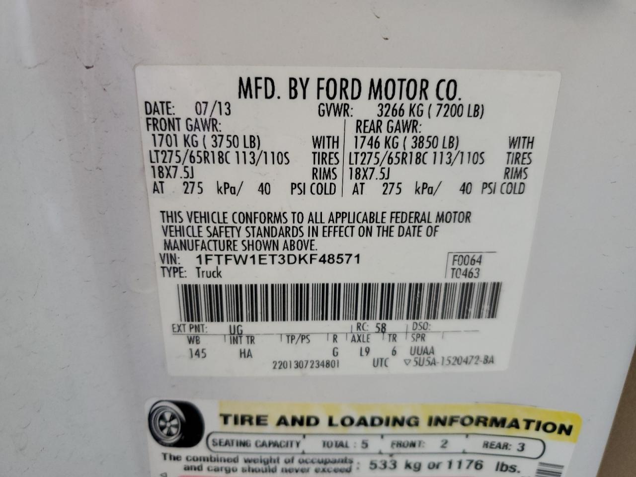 2013 Ford F150 Supercrew VIN: 1FTFW1ET3DKF48571 Lot: 70530565