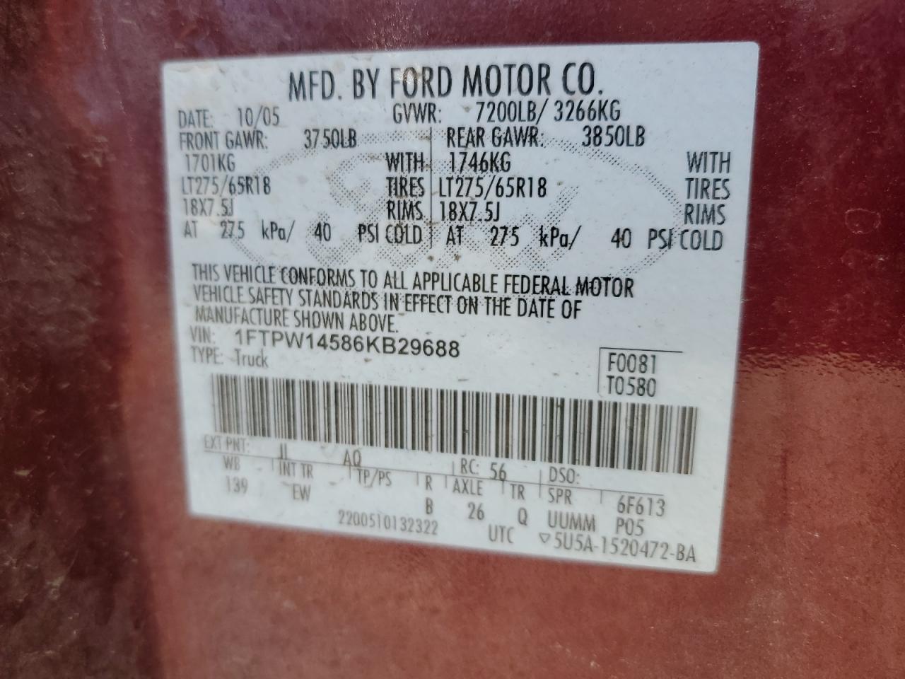 2006 Ford F150 Supercrew VIN: 1FTPW14586KB29688 Lot: 68968735